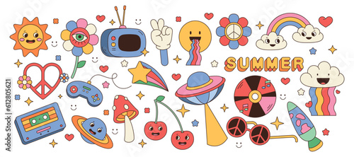 Set of vector retro icons. Hippie sticker, sign