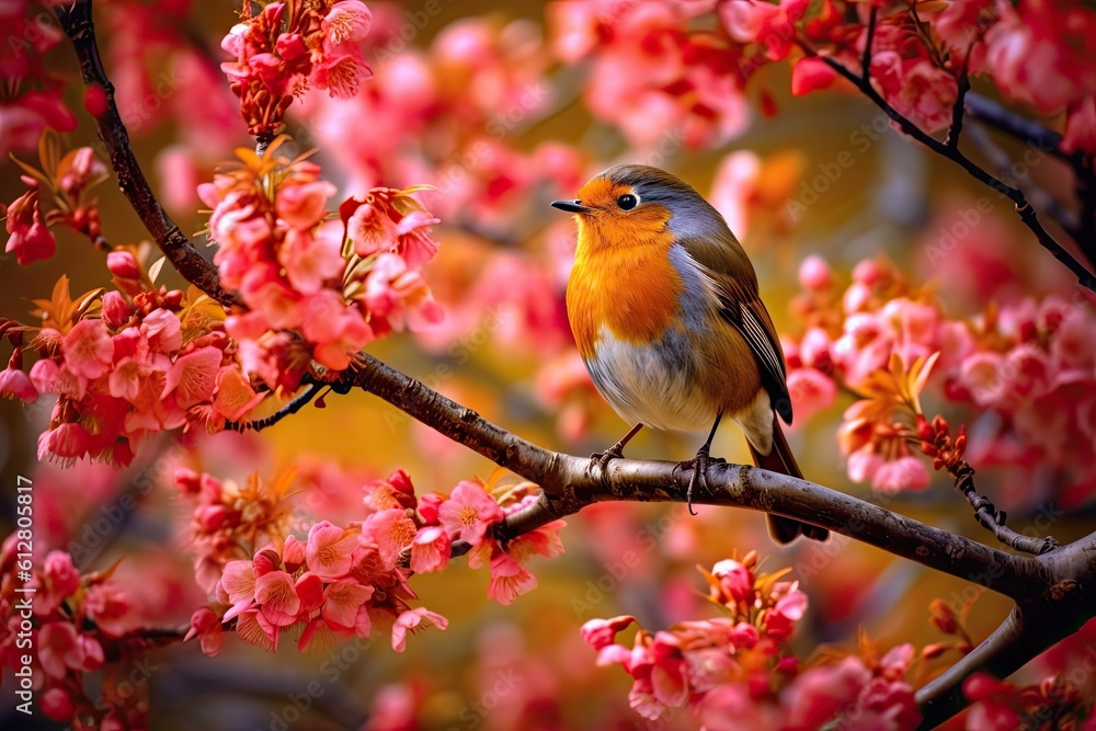 Nature Awakes: A Small Robin Bird among the Bursting Pink Spring Flowers on a Tree: Generative AI Nature Awakes: A Small Robin Bird among the Bursting Pink Spring Flowers on a Tree: Generative AI