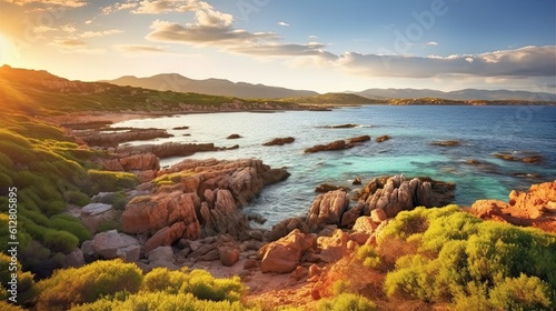 Stunning Sunrise on Sardegna: Breathtaking Summer Seascape at the Mediterranean Coast of Italy. Generative AI