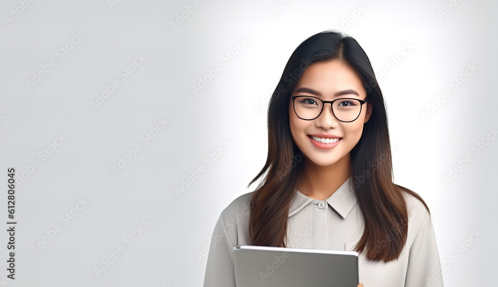 Young asian woman, company worker in glasses, smiling and holding tablet, standing over light pastel background Young asian woman, company worker in glasses, smiling and holding tablet, standing over light pastel background