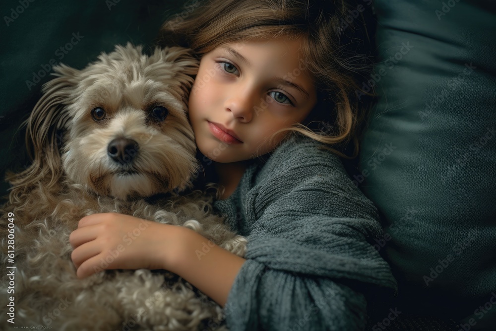A photo of a child and their dog snuggled up together on a cozy couch. Generative AI A photo of a child and their dog snuggled up together on a cozy couch. Generative AI