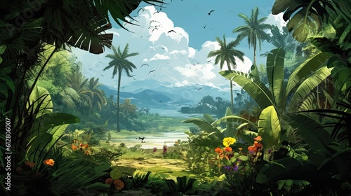 Tropical Paradise  Marvellously Relaxing Island of Coconut Trees  Flourishing Flora  and Glorious Summer Sunlight  Generative AI