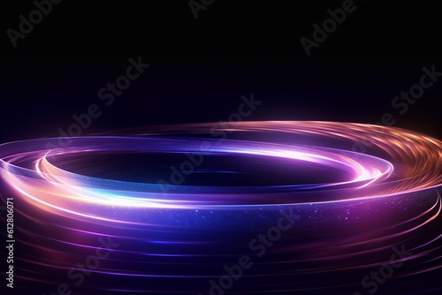 Abstract ring background with luminous swirling backdrop. Glowing spiral. shine round frame with light circles light effect. glowing cover. Space for your message. Generative AI