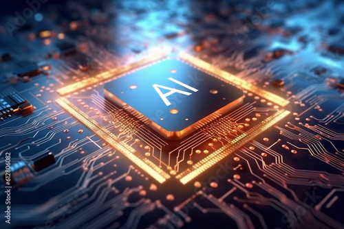 3D render AI artificial intelligence technology CPU central processor unit chipset on the printed circuit board for electronic and technology concept select focus shallow depth of field Generative AI photo