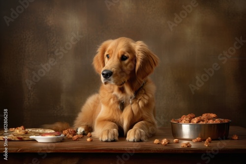 golden retriever puppy sitting near a bowl, ai generative