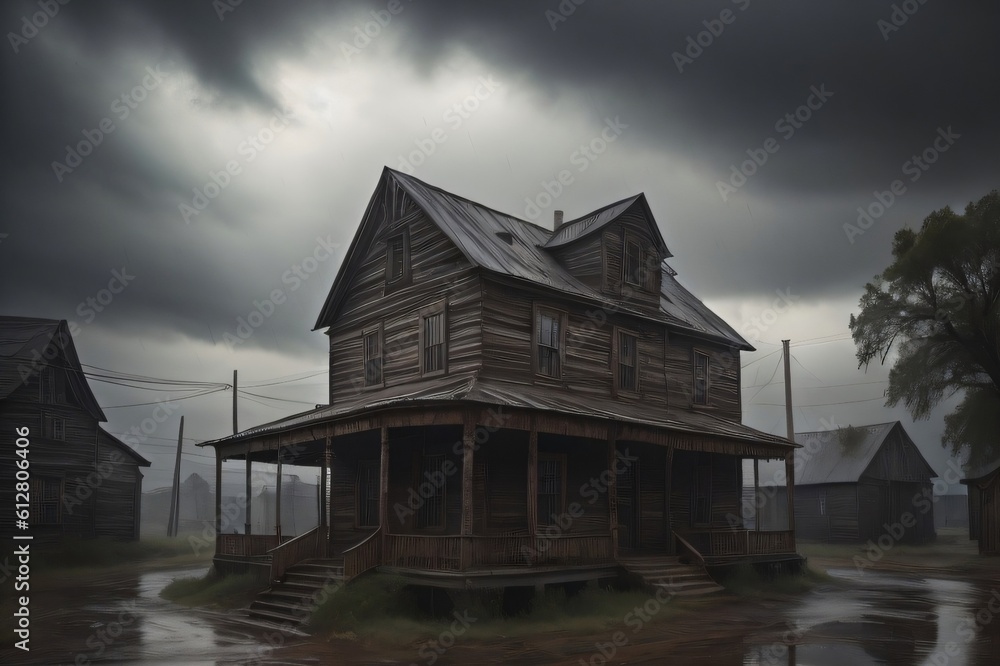 A scary ghost town with a dark sky, a frightening story scene, Halloween concept. Generative AI. A scary ghost town with a dark sky, a frightening story scene, Halloween concept. Generative AI.