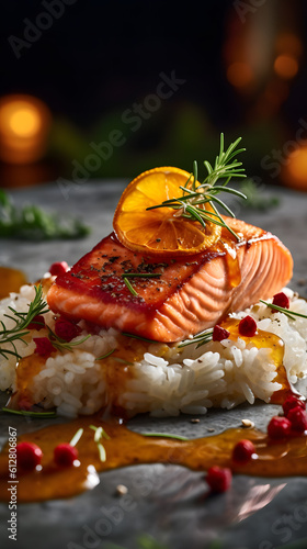 restaurant dish with salmon, generative ai