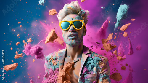 man face with color powder, color explosion, generative AI