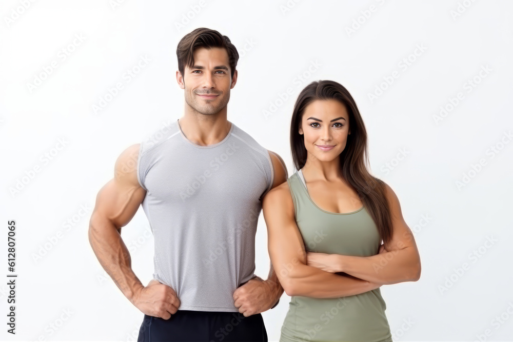 Portrait of male and female athlete standing on white background. Fit couple happy and relaxing after workout. Generative AI Portrait of male and female athlete standing on white background. Fit couple happy and relaxing after workout. Generative AI