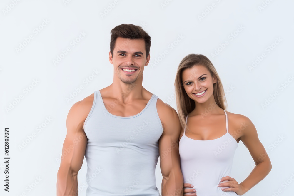 Portrait of male and female athlete standing on white background. Fit couple happy and relaxing after workout. Generative AI Portrait of male and female athlete standing on white background. Fit couple happy and relaxing after workout. Generative AI