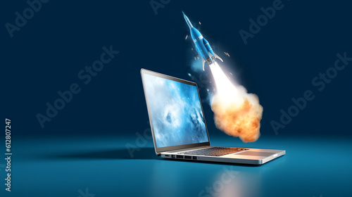rocket coming out of computer screen, rocket on computer , generative ai