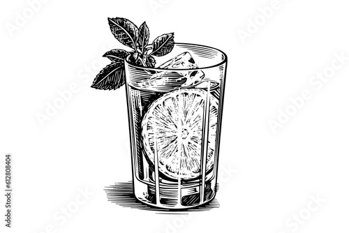 Mojito cocktail engraved isolated drink vector illustration. Black and white sketch composition