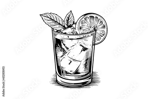 Alcoholic cocktail engraved isolated drink vector illustration. Black and white sketch composition.