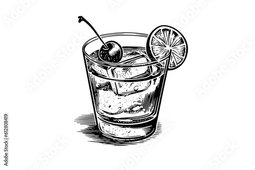 Old fashion cocktail engraved isolated drink vector illustration. Black and white sketch composition.
