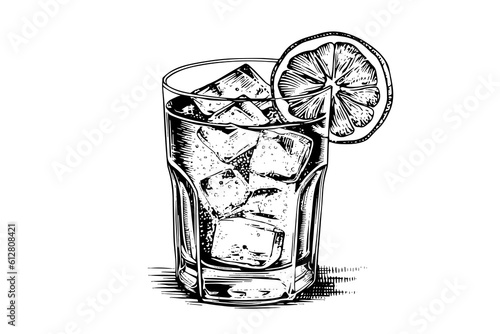 Alcoholic cocktail engraved isolated drink vector illustration. Black and white sketch composition.