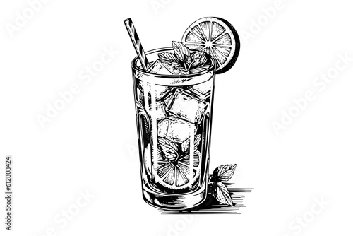 Mojito cocktail engraved isolated drink vector illustration. Black and white sketch composition
