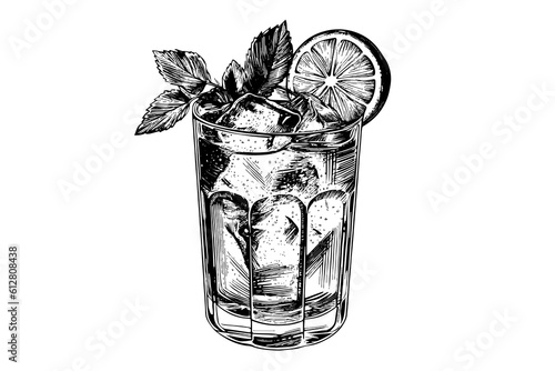 Mojito cocktail engraved isolated drink vector illustration. Black and white sketch composition