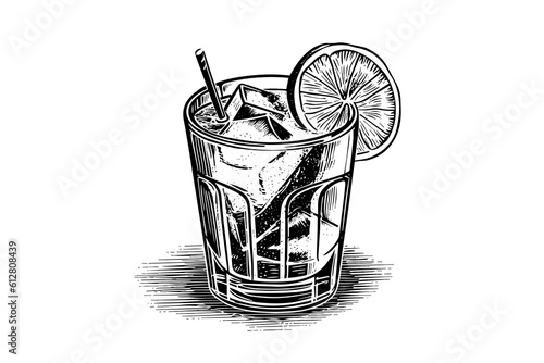 Alcoholic cocktail engraved isolated drink vector illustration. Black and white sketch composition.