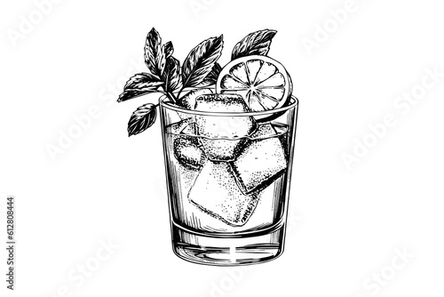 Alcoholic cocktail engraved isolated drink vector illustration. Black and white sketch composition.
