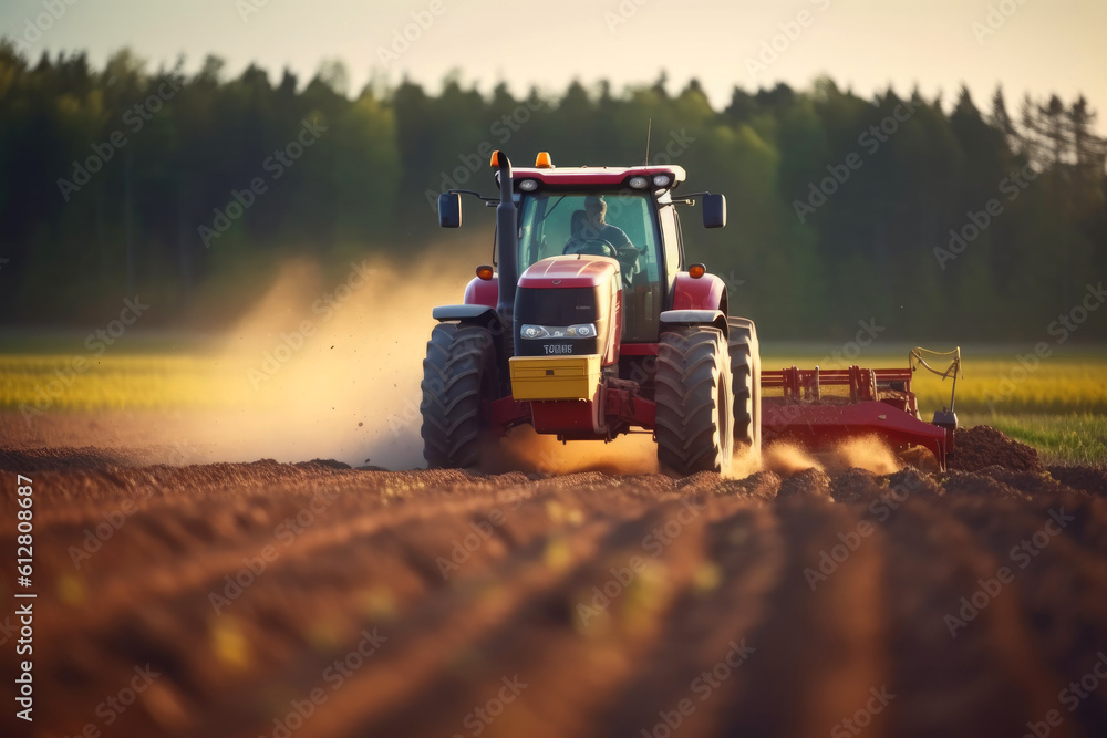 Fototapeta premium Farmer using tractor works on agricultural field. Generative AI