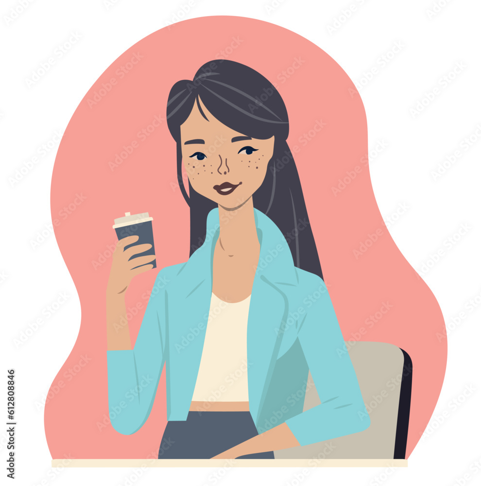 A brown-haired girl is sitting at a table in a cafe. She holds a glass of hot drink in her hand. A woman in a suit at breakfast. A brown-haired girl is sitting at a table in a cafe. She holds a glass of hot drink in her hand. A woman in a suit at breakfast.