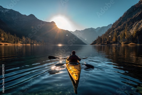 A photo of a kayaker paddling through a serene mountain lake. Generative AI