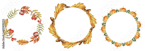 Photography Autumn watercolor isolated set of wreaths with rowan, pumpkins, oak leaves and acorns on white background