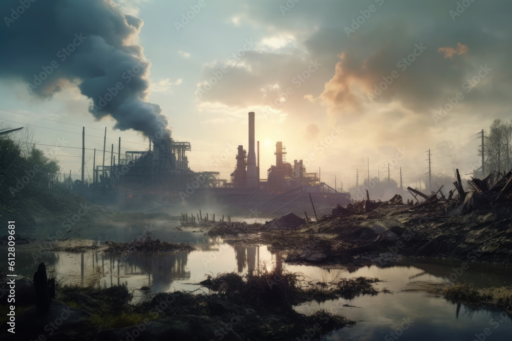 Industrial plants in the city. Emissions of smoke, smog. Bad Ecology. Air and environmental pollution.Generative AI