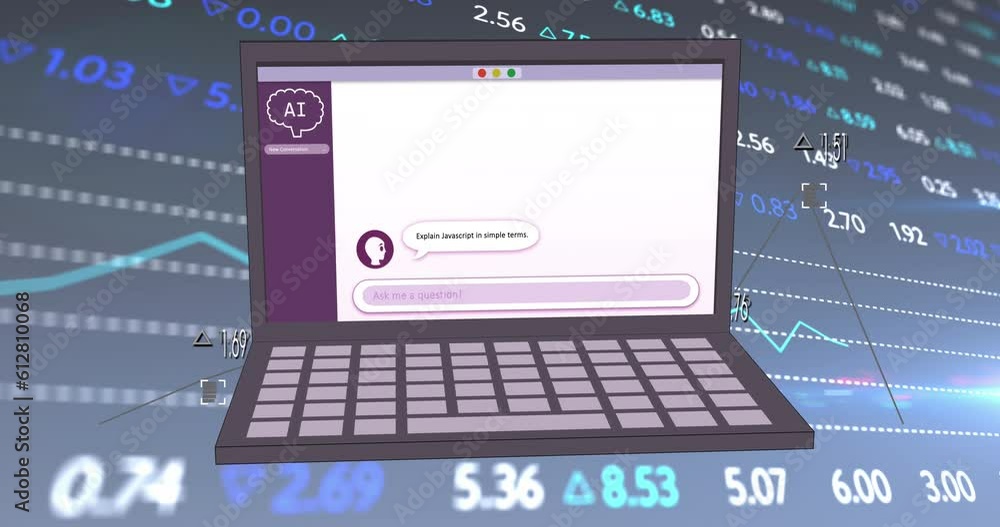 Animation of ai data processing, chat, statistics and icons over laptop screen Animation of ai data processing, chat, statistics and icons over laptop screen