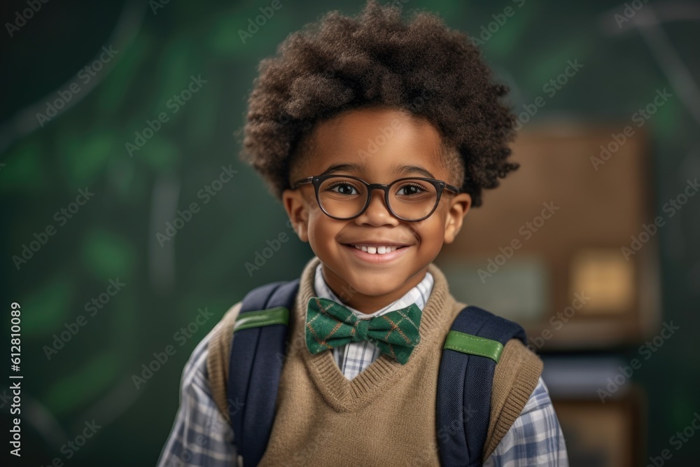 Cute pupil black boy in a uniform in front of class blackboard, school ...