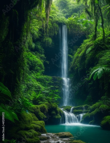 Waterfall tucked away within the dense foliage of the Amazon  emphasizing the hidden gems of this remarkable ecosystem. Generative Ai