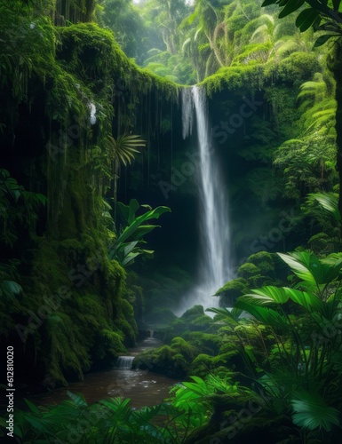Waterfall tucked away within the dense foliage of the Amazon  emphasizing the hidden gems of this remarkable ecosystem. Generative Ai