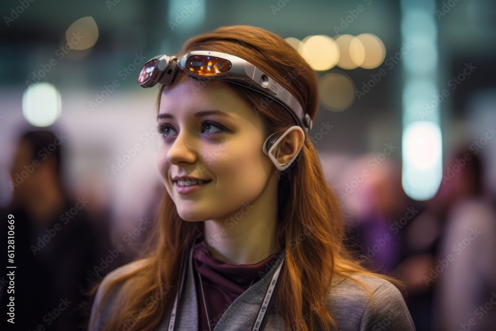 A photo of a person wearing an advanced wearable device that enhances their cognitive abilities, such as memory augmentation or real - time language translation. Generative AI