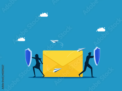 Protect information or business secrets. business team holding shield to protect letter vector