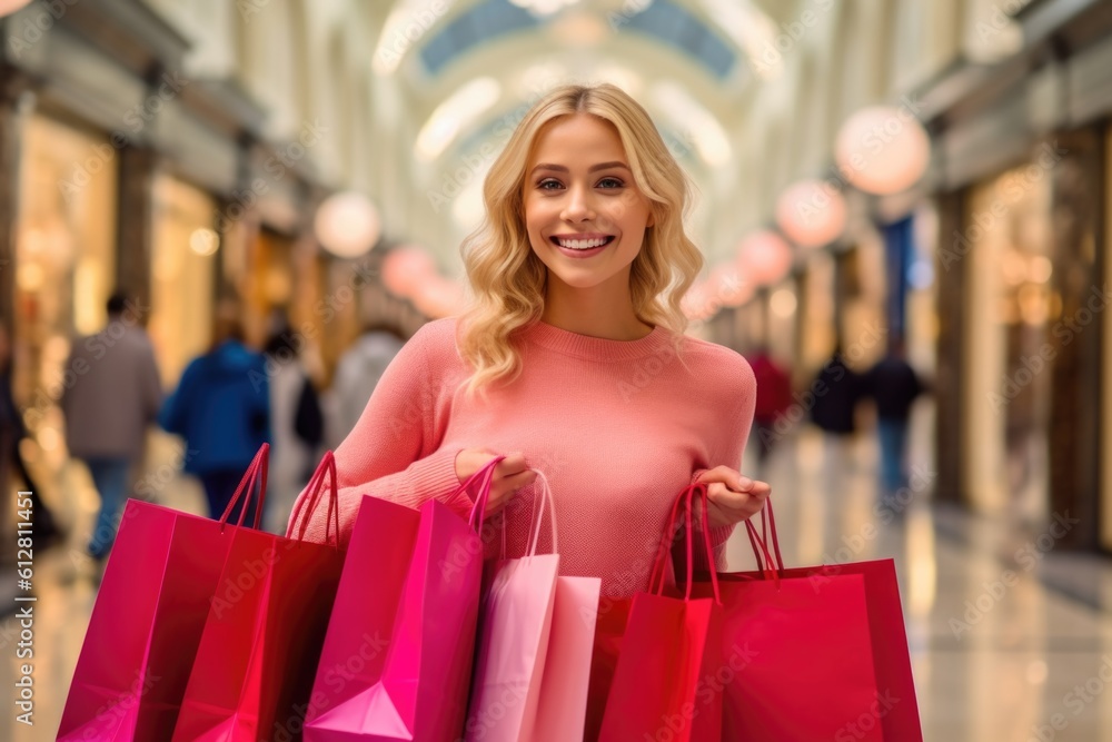woman in pink with bags shopping in mall, ai generative woman in pink with bags shopping in mall, ai generative
