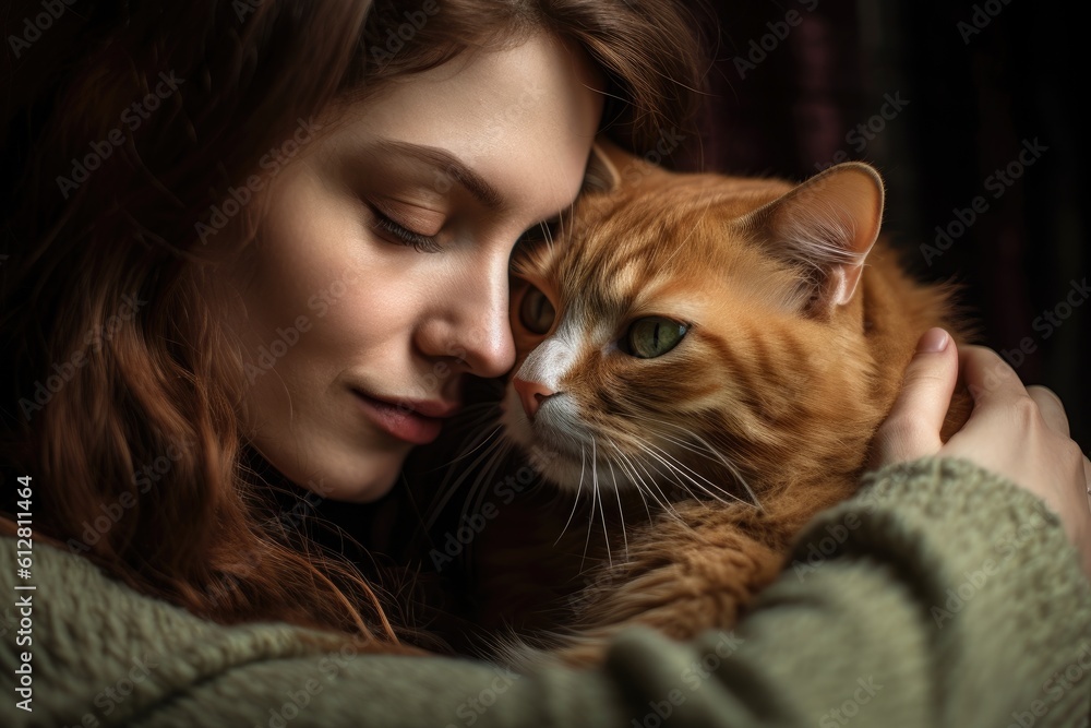 A photo of a woman sitting peacefully, cradling her cat in her arms, as she plants a gentle kiss on its head. Generative AI