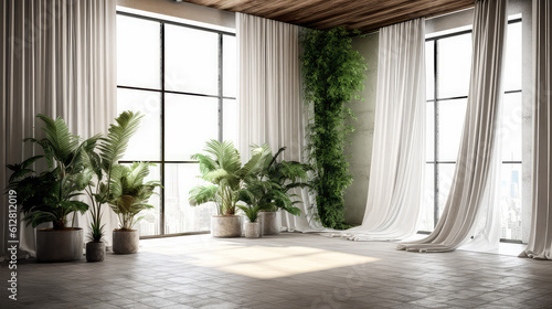 modern apartment interior in light colors  natural materials  eco concept  cozy with many house plants copy space  mockup  AI generated