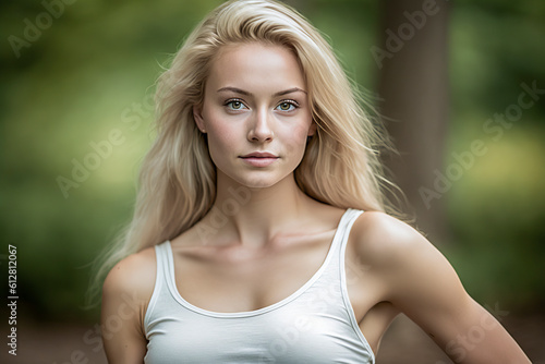 Radiant Elegance Amongst Nature: A Stunning Blonde Lady Embracing the Serenity of the Forest, ai generative