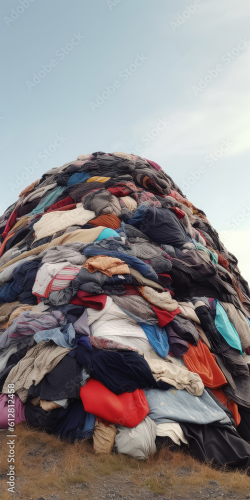 waste pile large pollution heap fashion industry trash in nature landscape garbage stack of cloth industrial pollution awareness global pollution background. generative ai illustration