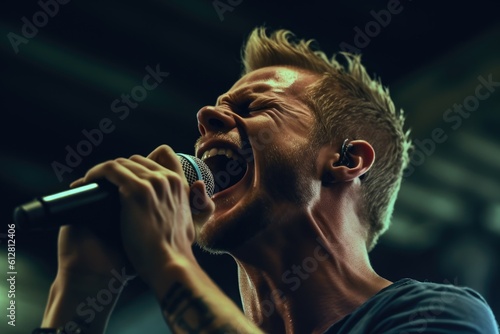 A photo of the lead vocalist on stage, belting out powerful lyrics with passion and energy. Generative AI