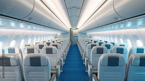 Interior of empty modern aircraft with blue flight seats and hallway in daytime during flight. Generative AI