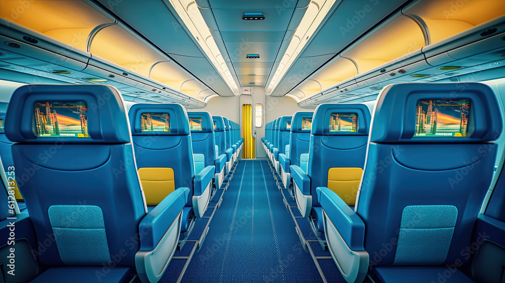 Obraz premium Interior of empty modern aircraft with blue flight seats and hallway in daytime during flight. Generative AI