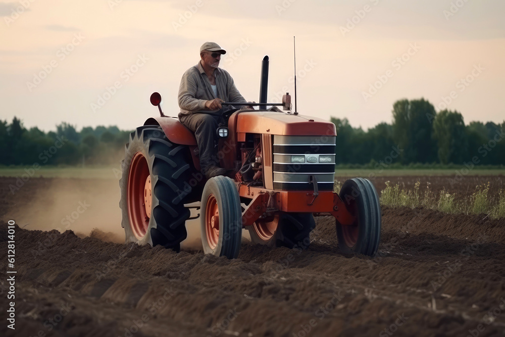 Obraz premium Farmer using tractor works on agricultural field. Generative AI
