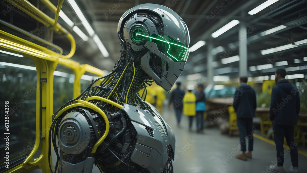 Fototapeta premium Future cyber security ai bank assistant , public cyborg worker generative ai