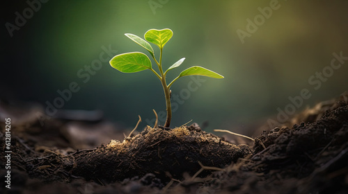 Plant growing on the ground with sunset in the background. Concept of global warming and climate change.