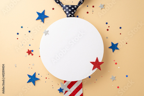 Top view showcasing necktie adorned with American flag pattern, shimmering decorative elements like stars and confetti, set against neutral background with empty circle for text or promotional content