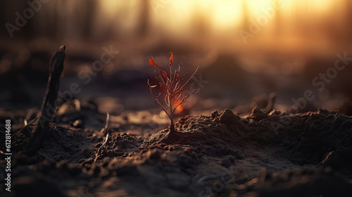 Small sprout growing out of crack soil at sunset. Shallow depth of field.