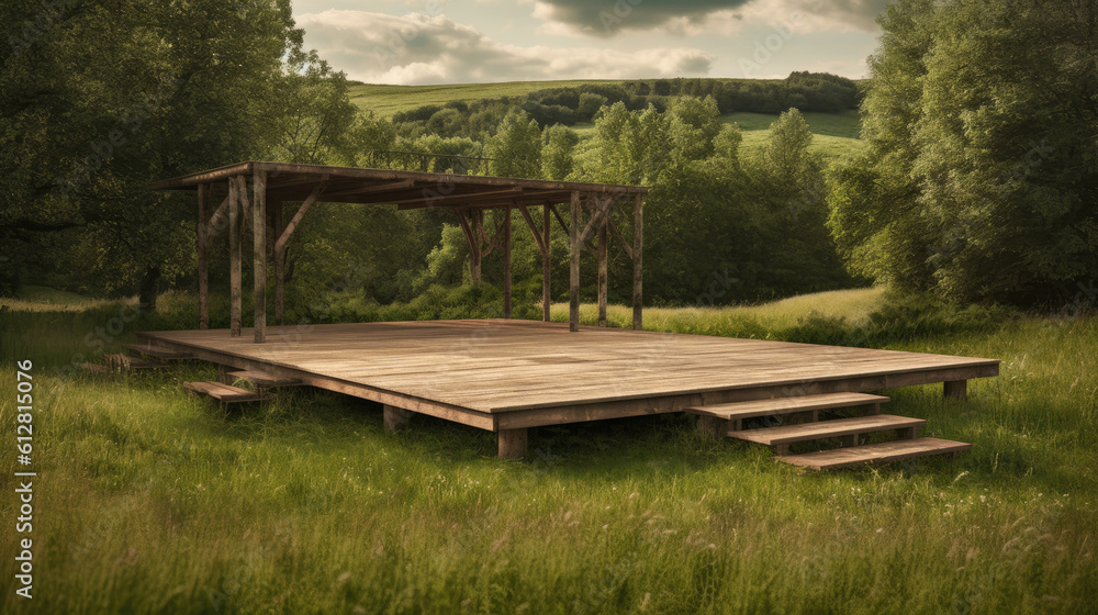 Wooden gazebo in the middle of a green meadow