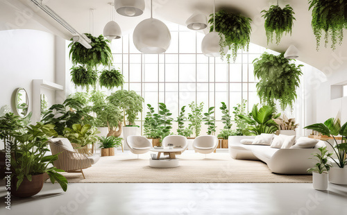 modern apartment interior in light colors  natural materials  eco concept  cozy with many house plants copy space  mockup  AI generated