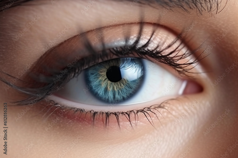 Blue female eye, adorned with long black lashes, close-up. Generative AI.